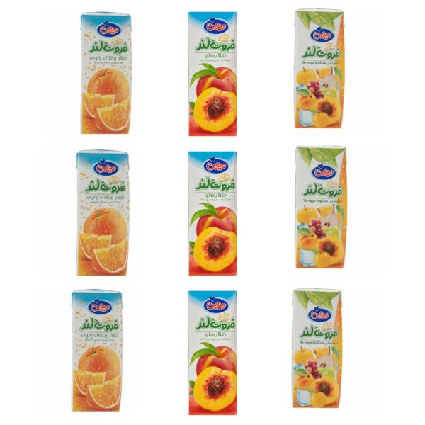آبمیوه پرتقال و هلو و هفت میوه میهن - 200 میلی لیتر بسته 9 عددی